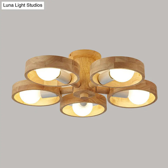 Sleek Ring Shaped Wooden Ceiling Light For Bedroom - Semi Flush Chandelier