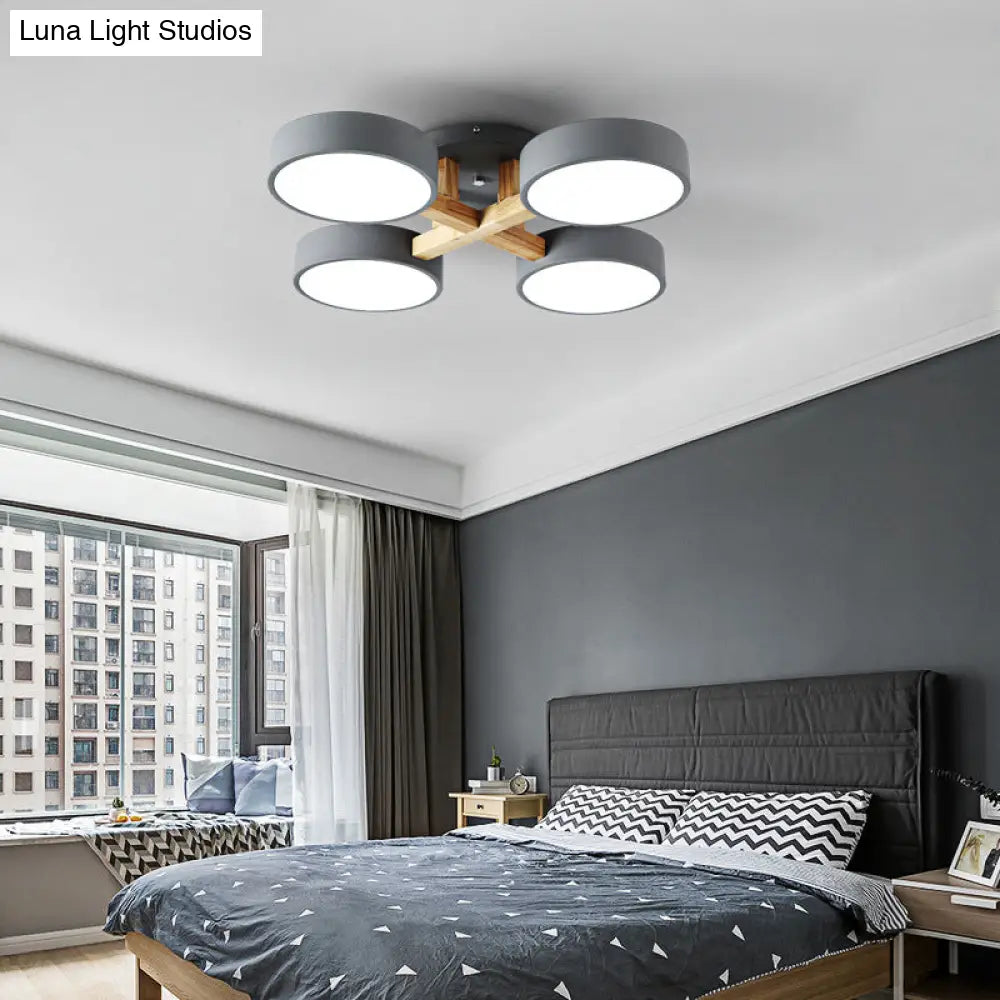 Sleek Round Living Room Ceiling Light: Minimalist Semi Mount Fixture With Acrylic Shade And Wood Arm