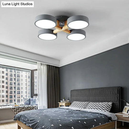 Sleek Round Living Room Ceiling Light: Minimalist Semi Mount Fixture With Acrylic Shade And Wood Arm