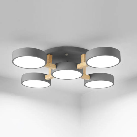 Sleek Round Living Room Ceiling Light: Minimalist Semi Mount Fixture With Acrylic Shade And Wood Arm