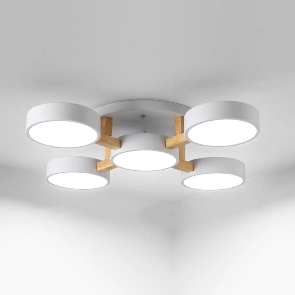 Sleek Round Living Room Ceiling Light: Minimalist Semi Mount Fixture With Acrylic Shade And Wood Arm