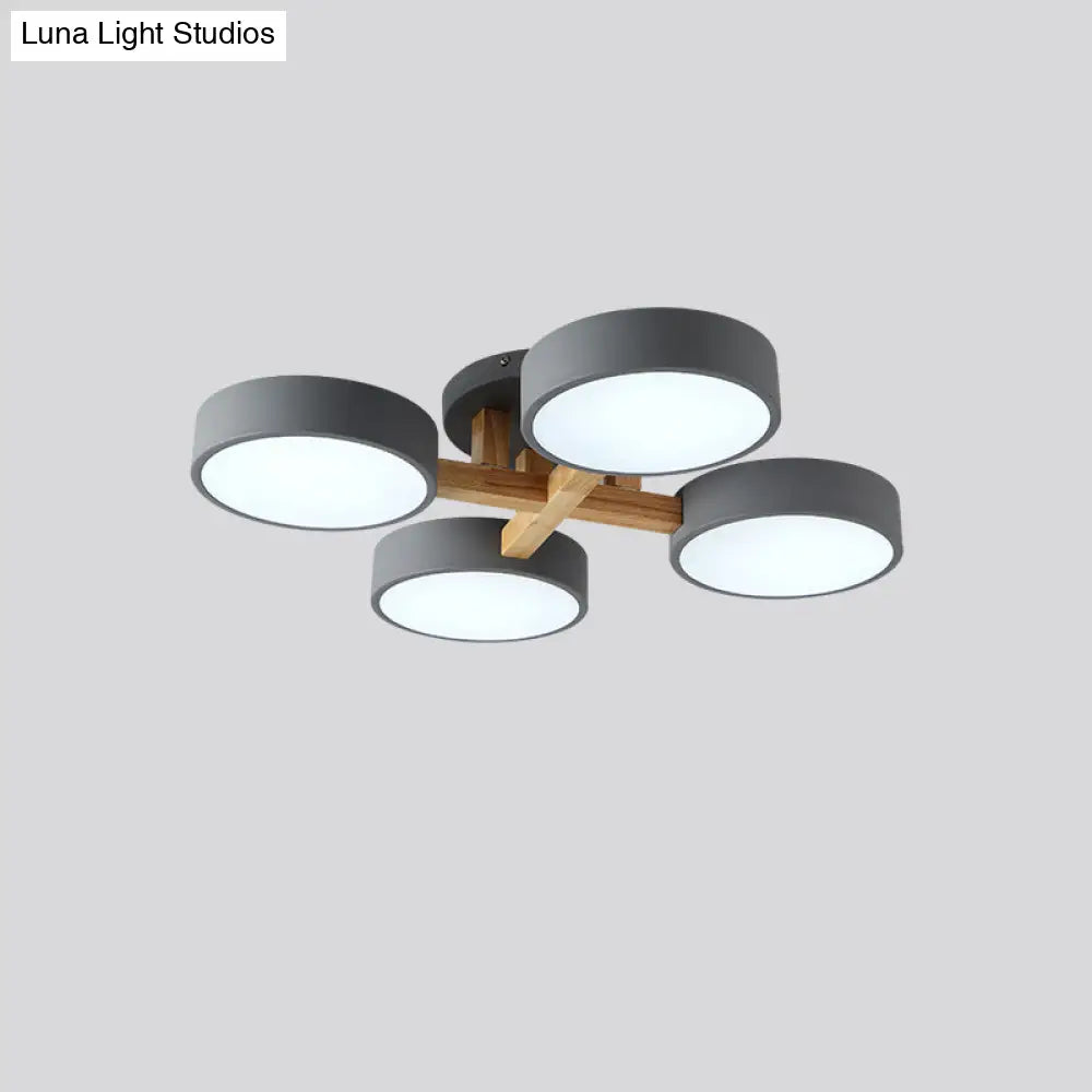 Sleek Round Living Room Ceiling Light: Minimalist Semi Mount Fixture With Acrylic Shade And Wood Arm