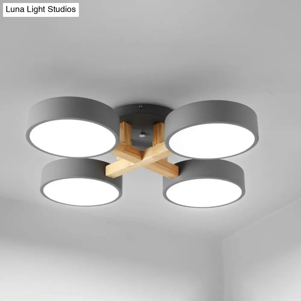 Sleek Round Living Room Ceiling Light: Minimalist Semi Mount Fixture With Acrylic Shade And Wood Arm