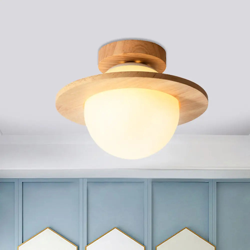 Sleek Semi Flush Mount Ceiling Lamp With Opal Frosted Glass And Wood Banding Belt