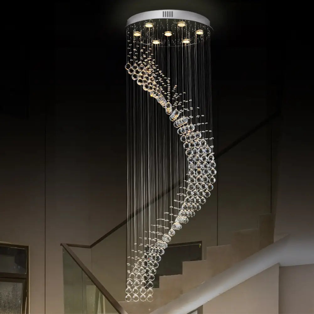 Sleek Silver Modernist Spiral Ceiling Light With Multi Bulbs - Crystal Pendant Lamp