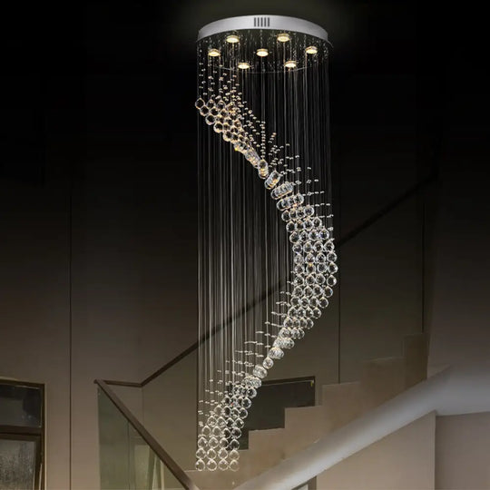 Sleek Silver Modernist Spiral Ceiling Light With Multi Bulbs - Crystal Pendant Lamp