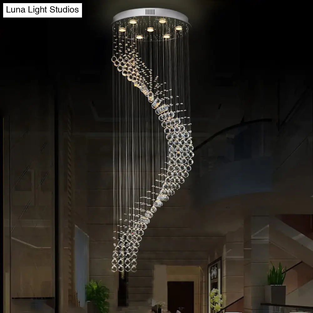 Sleek Silver Modernist Spiral Ceiling Light With Multi Bulbs - Crystal Pendant Lamp