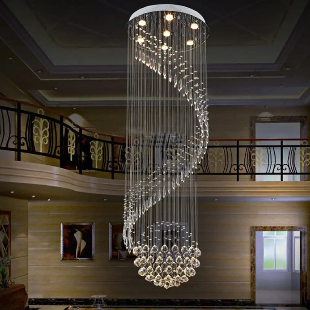 Sleek Silver Spiral Cluster Pendant Lamp - Clear Crystal 7-Light Led Ceiling Fixture