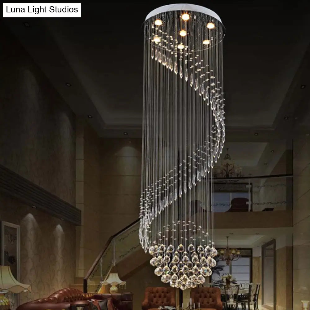 Sleek Silver Spiral Cluster Pendant Lamp - Clear Crystal 7-Light Led Ceiling Fixture