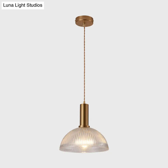 Simple Style Ribbed Glass Pendant Light Fixture For Bedroom Brass / Bowl