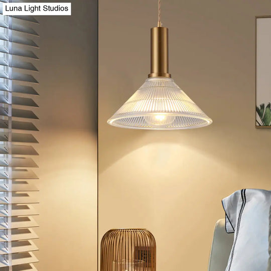 Sleek Single-Bulb Hanging Lamp With Ribbed Glass Shade: Elegant Pendant Light For Bedrooms