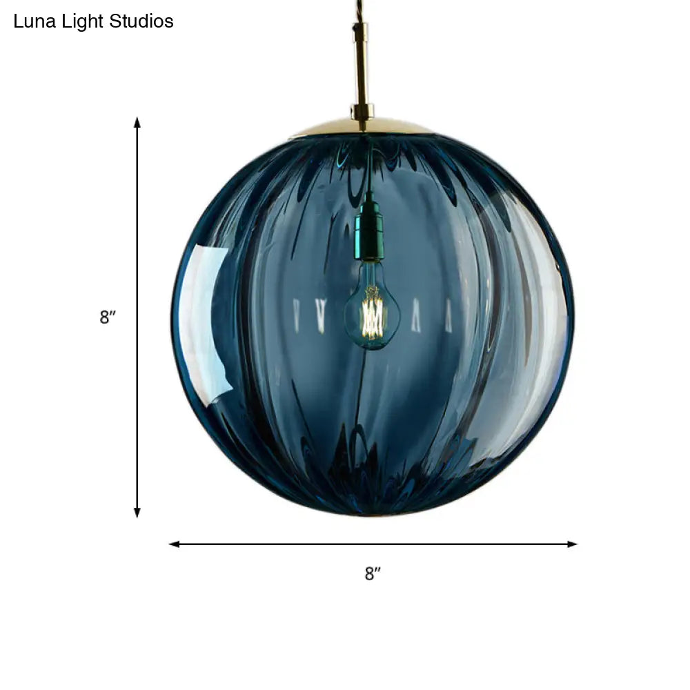 Modern Blue/Purple/Smoky Ribbed Glass Sphere Pendant Light - Led Hanging Ceiling Lamp For Bedroom