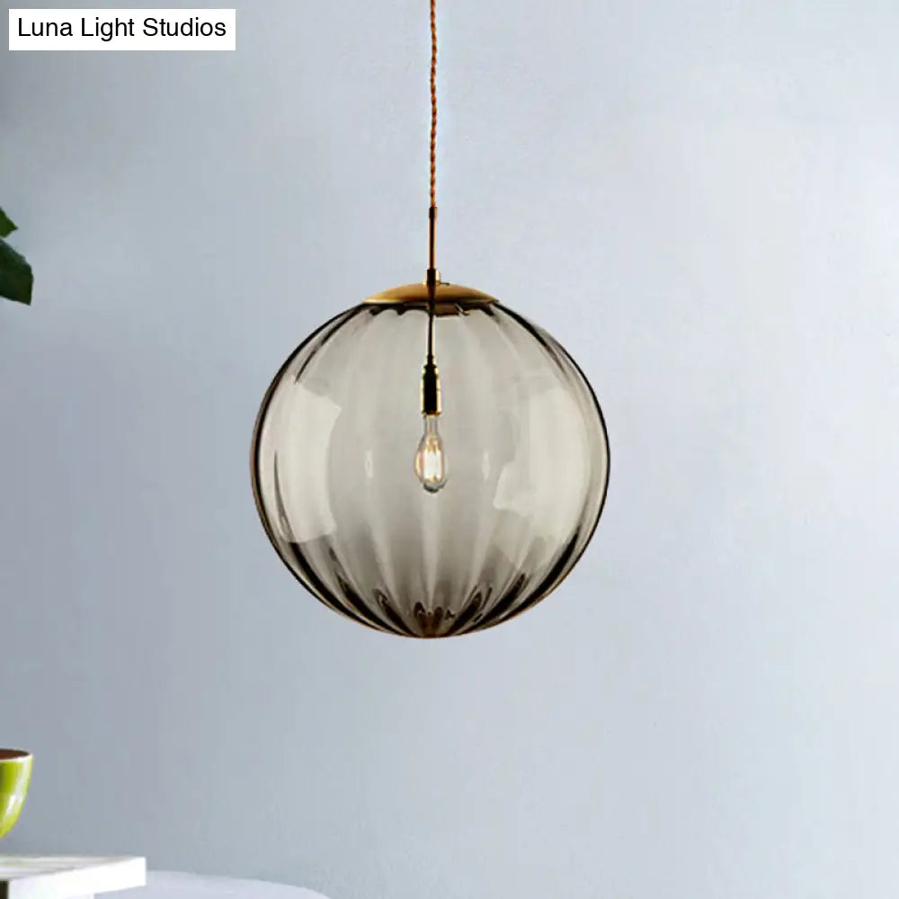 Sleek Sphere Pendant Light: Modern Blue/Purple/Smoky Ribbed Glass Led Ceiling Lamp For Bedroom