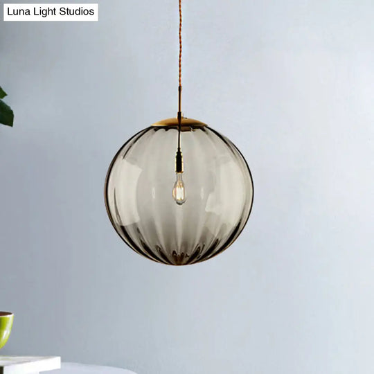 Sleek Sphere Pendant Light: Modern Blue/Purple/Smoky Ribbed Glass Led Ceiling Lamp For Bedroom