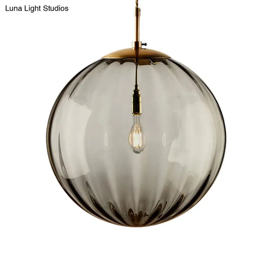 Sleek Sphere Pendant Light: Modern Blue/Purple/Smoky Ribbed Glass Led Ceiling Lamp For Bedroom