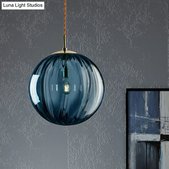 Modern Blue/Purple/Smoky Ribbed Glass Sphere Pendant Light - Led Hanging Ceiling Lamp For Bedroom