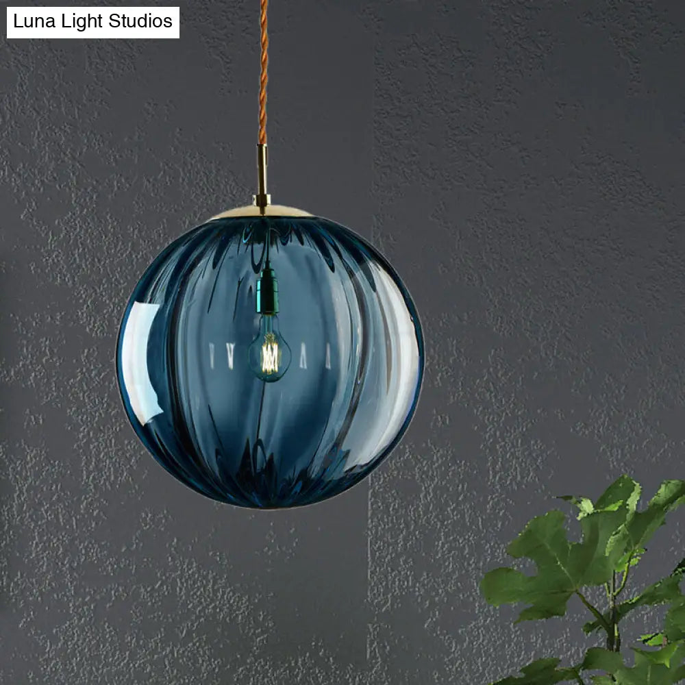 Modern Blue/Purple/Smoky Ribbed Glass Sphere Pendant Light - Led Hanging Ceiling Lamp For Bedroom