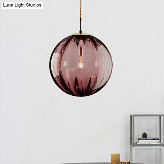 Sleek Sphere Pendant Light: Modern Blue/Purple/Smoky Ribbed Glass Led Ceiling Lamp For Bedroom