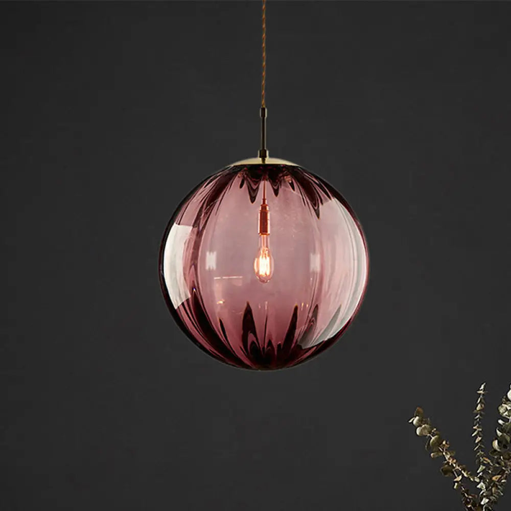 Sleek Sphere Pendant Light: Modern Blue/Purple/Smoky Ribbed Glass Led Ceiling Lamp For Bedroom