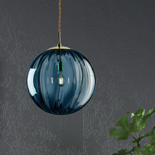 Sleek Sphere Pendant Light: Modern Blue/Purple/Smoky Ribbed Glass Led Ceiling Lamp For Bedroom Blue