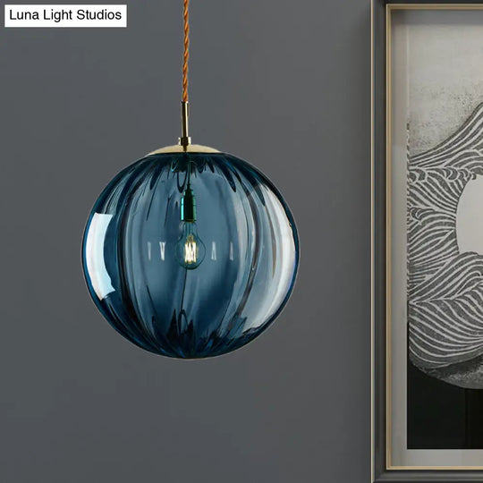 Sleek Sphere Pendant Light: Modern Blue/Purple/Smoky Ribbed Glass Led Ceiling Lamp For Bedroom