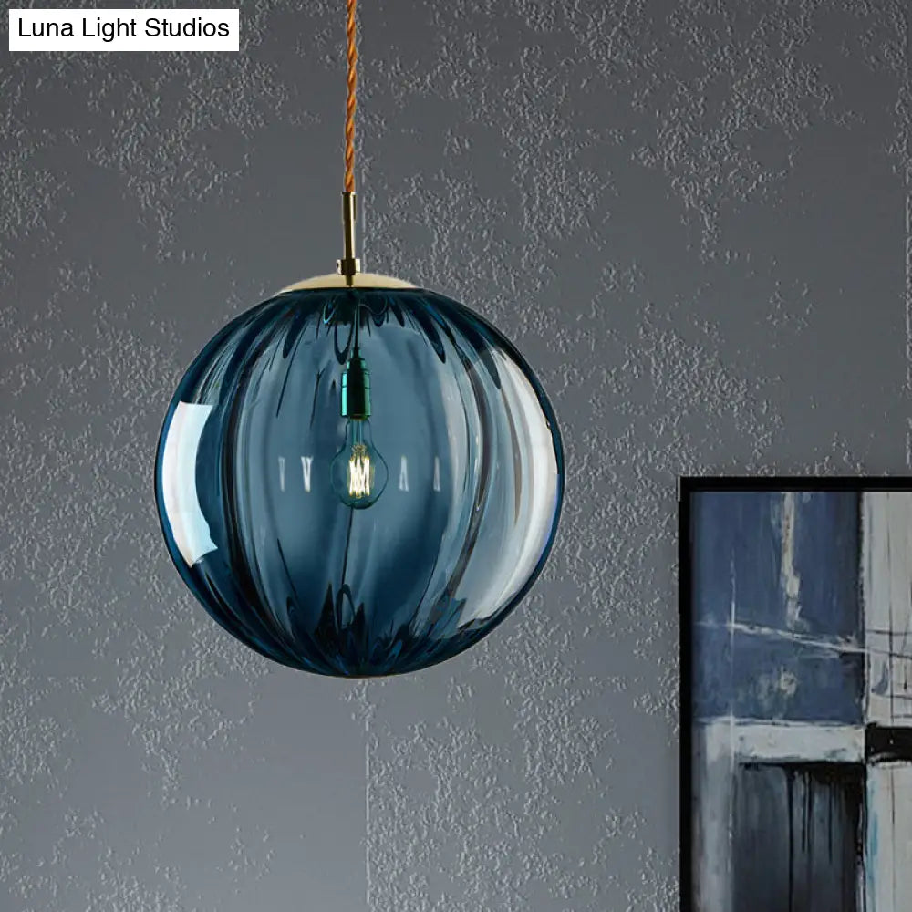 Sleek Sphere Pendant Light: Modern Blue/Purple/Smoky Ribbed Glass Led Ceiling Lamp For Bedroom