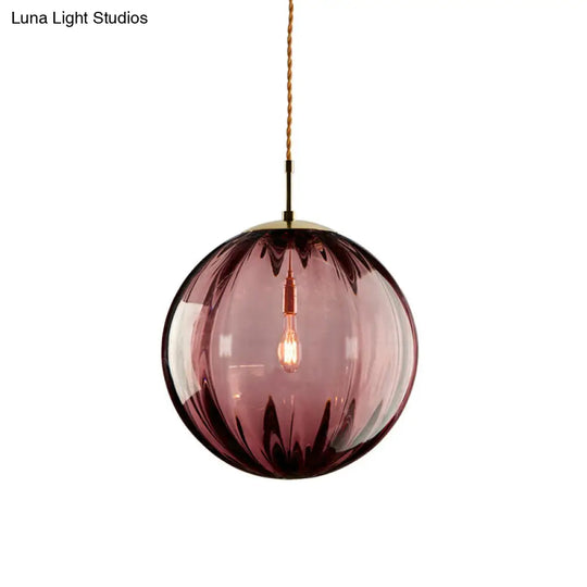 Modern Blue/Purple/Smoky Ribbed Glass Sphere Pendant Light - Led Hanging Ceiling Lamp For Bedroom