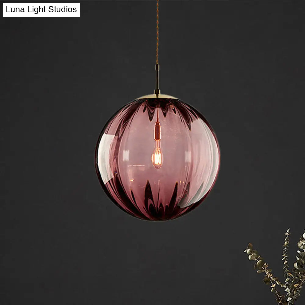 Modern Blue/Purple/Smoky Ribbed Glass Sphere Pendant Light - Led Hanging Ceiling Lamp For Bedroom