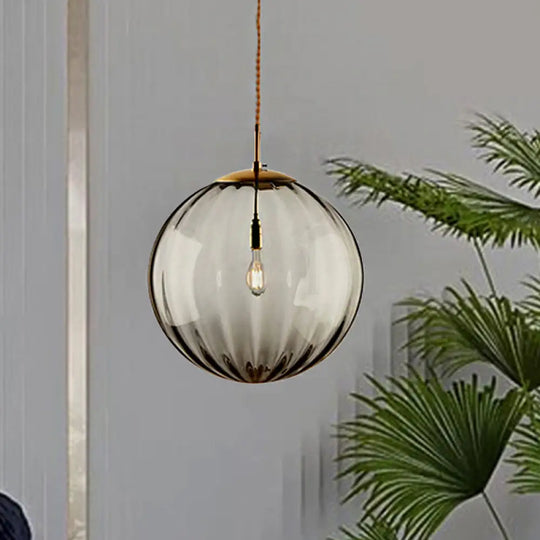 Sleek Sphere Pendant Light: Modern Blue/Purple/Smoky Ribbed Glass Led Ceiling Lamp For Bedroom