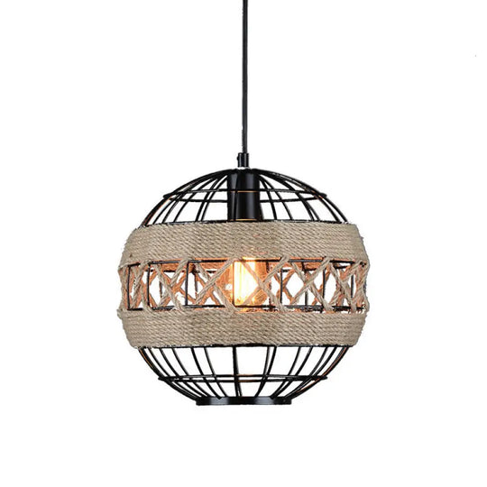 Sleek Sphere Pendant Light With Metal Frame And Rope Detail - Rustic 1-Light Black