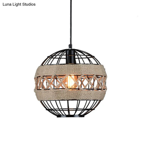 Rustic Black Sphere Pendant Light With Metal Frame And Rope - 1-Light Hanging Ceiling