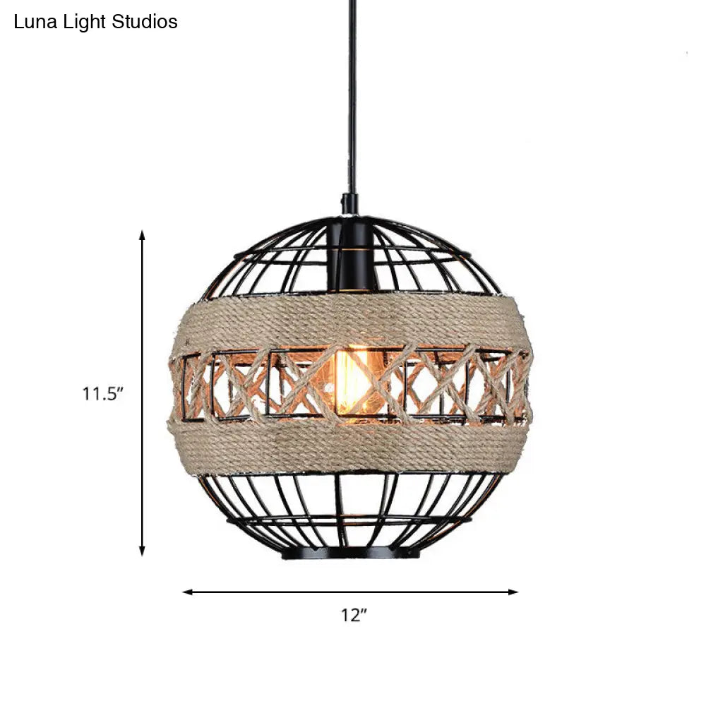 Rustic Black Sphere Pendant Light With Metal Frame And Rope - 1-Light Hanging Ceiling