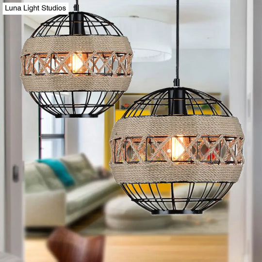 Sleek Sphere Pendant Light With Metal Frame And Rope Detail - Rustic 1-Light Black