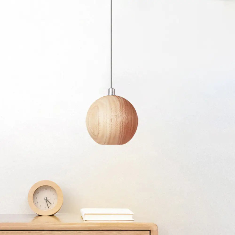 Sleek Sphere Wood Drop Pendant Light - Beige Led Ceiling Lamp For Study Room