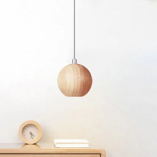 Sleek Sphere Wood Drop Pendant Light - Beige Led Ceiling Lamp For Study Room