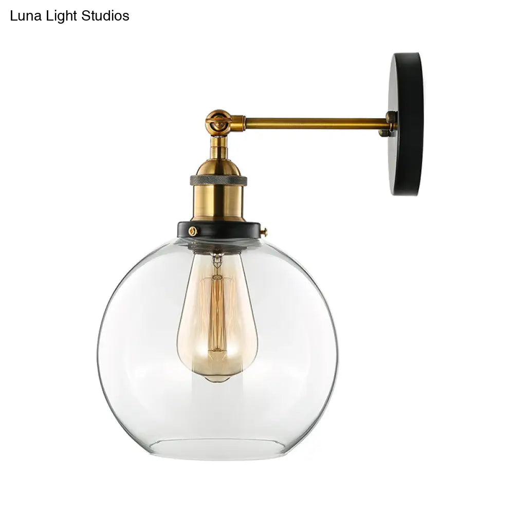 Sleek Spherical Brass Wall Light Fixture With Clear Glass - Industrial Style 1-Light Sconce Lamp For