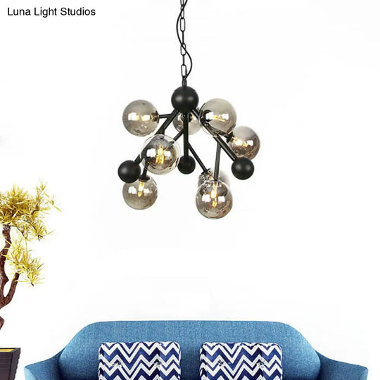 Sleek Spherical Chandelier: Modernist Smoke Gray Glass 9 Heads Bedroom Lighting Fixture