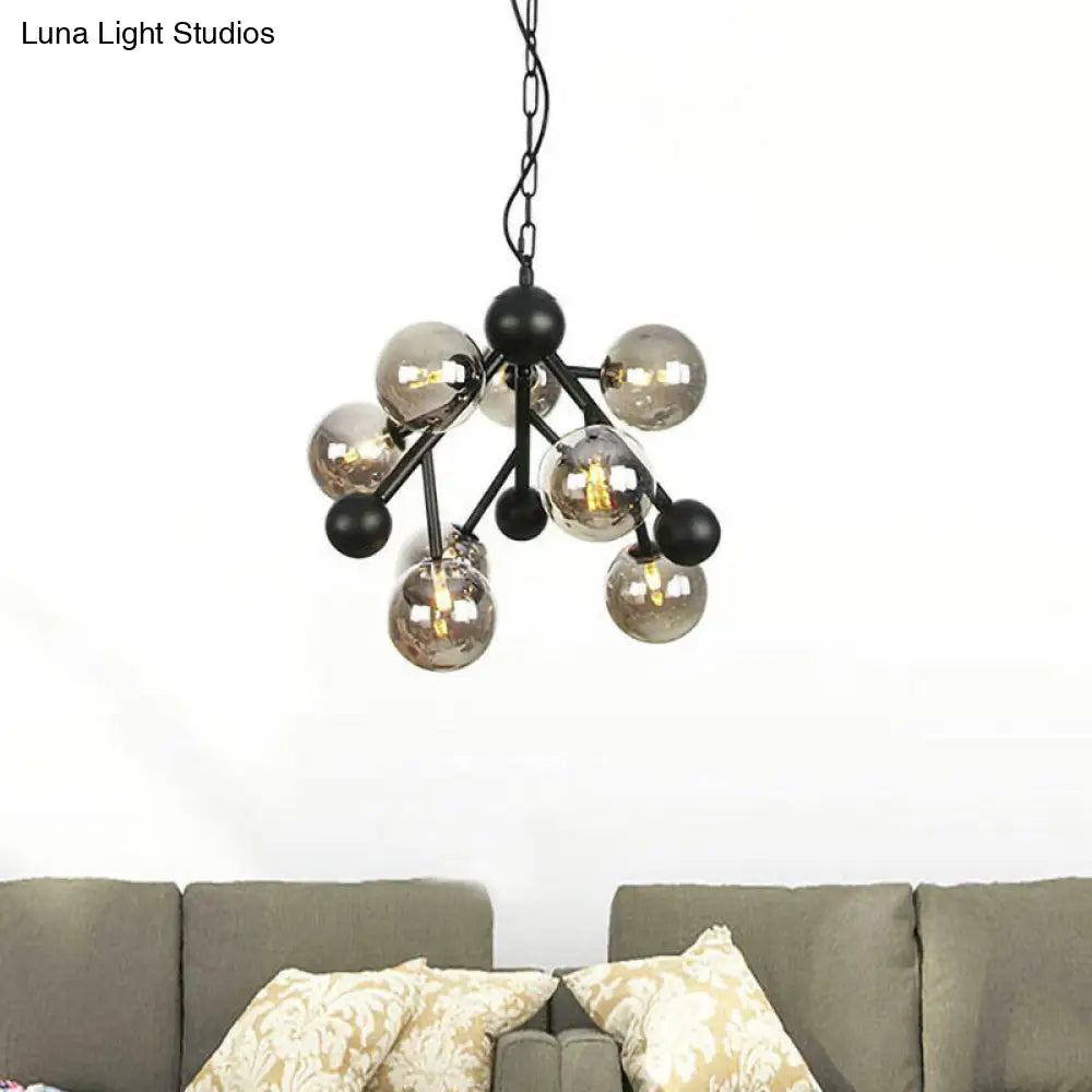 Smoke Gray Glass Modernist Spherical Chandelier - 9 Heads Suspended Lighting Fixture For Bedrooms