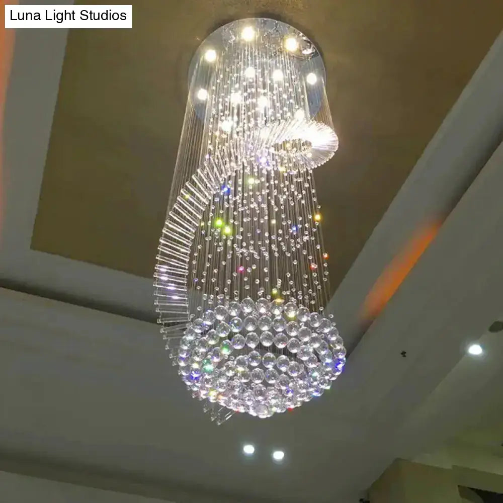 Sleek Spiral Ceiling Lamp With Crystal Flush-Mount In Stainless Steel - 9/12 Lights