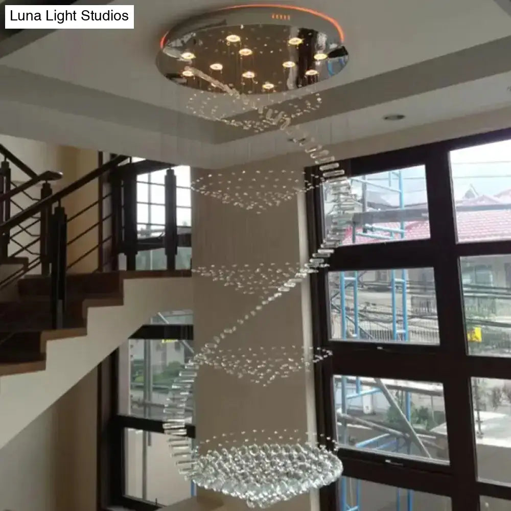 Sleek Spiral Ceiling Lamp With Crystal Flush-Mount In Stainless Steel - 9/12 Lights