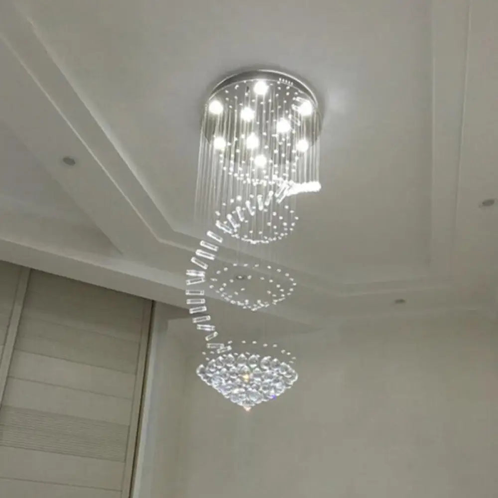 Sleek Spiral Ceiling Lamp With Crystal Flush - Mount In Stainless Steel - 9/12 Lights