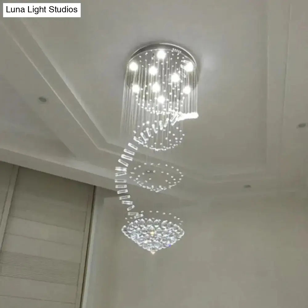 Sleek Spiral Ceiling Lamp With Crystal Flush-Mount In Stainless Steel - 9/12 Lights