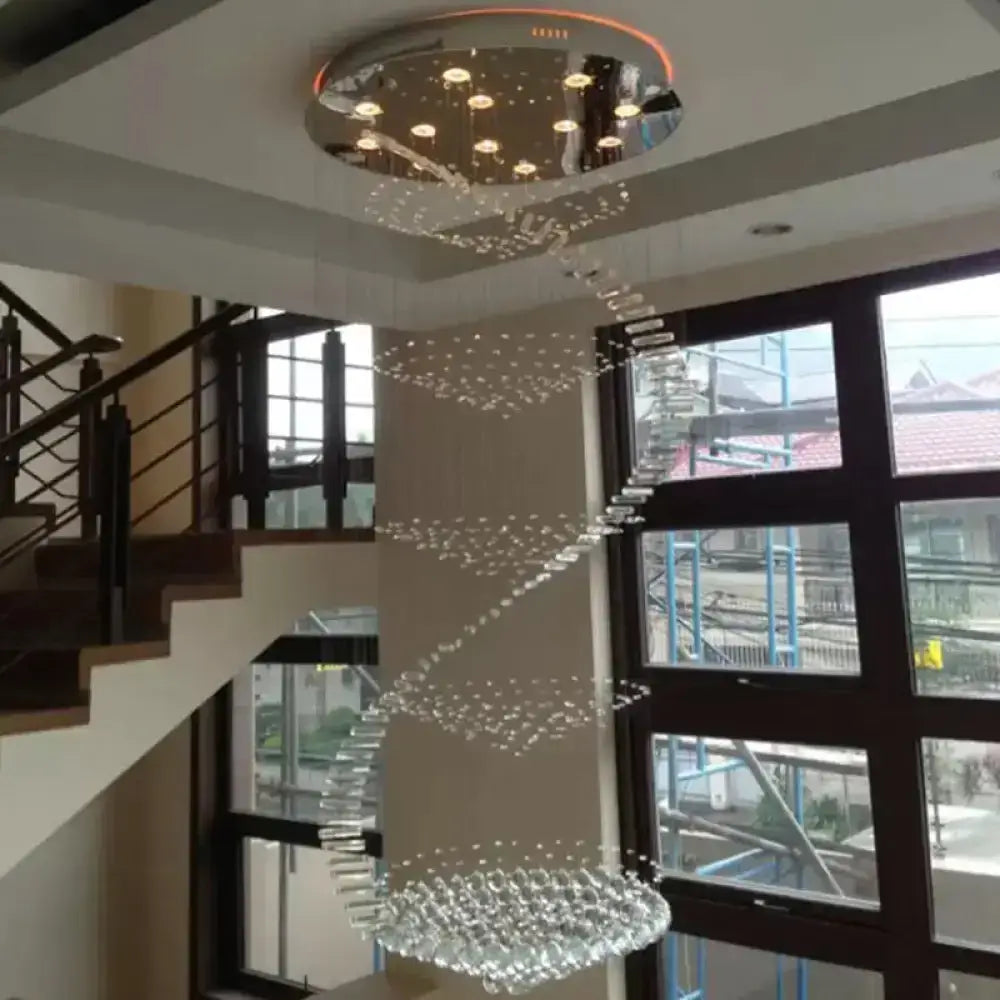 Sleek Spiral Ceiling Lamp With Crystal Flush-Mount In Stainless Steel - 9/12 Lights