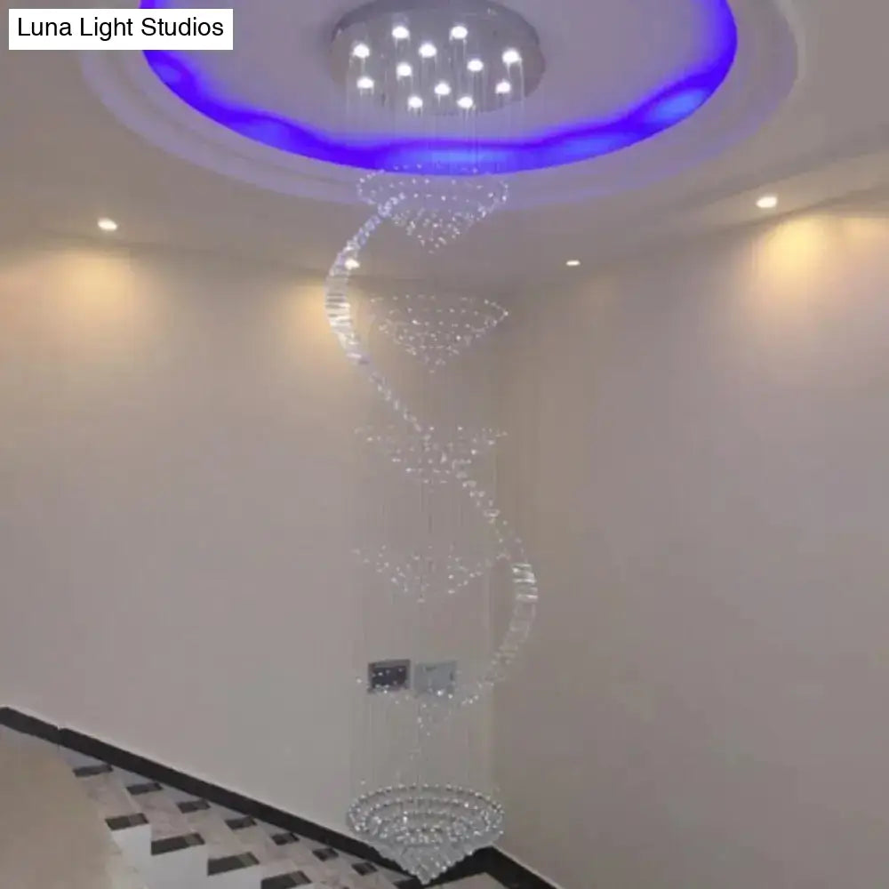 Sleek Spiral Ceiling Lamp With Crystal Flush-Mount In Stainless Steel - 9/12 Lights