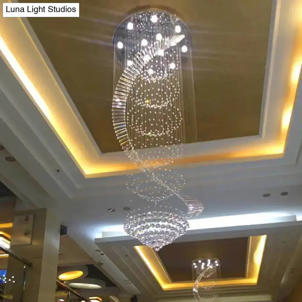 Sleek Spiral Ceiling Lamp With Crystal Flush-Mount In Stainless Steel - 9/12 Lights