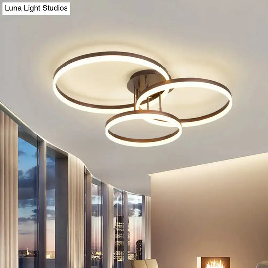 Sleek Spiral Design Coffee Hoop Ceiling Light - 3-Light Acrylic Led Semi Flush Mount Lamp In