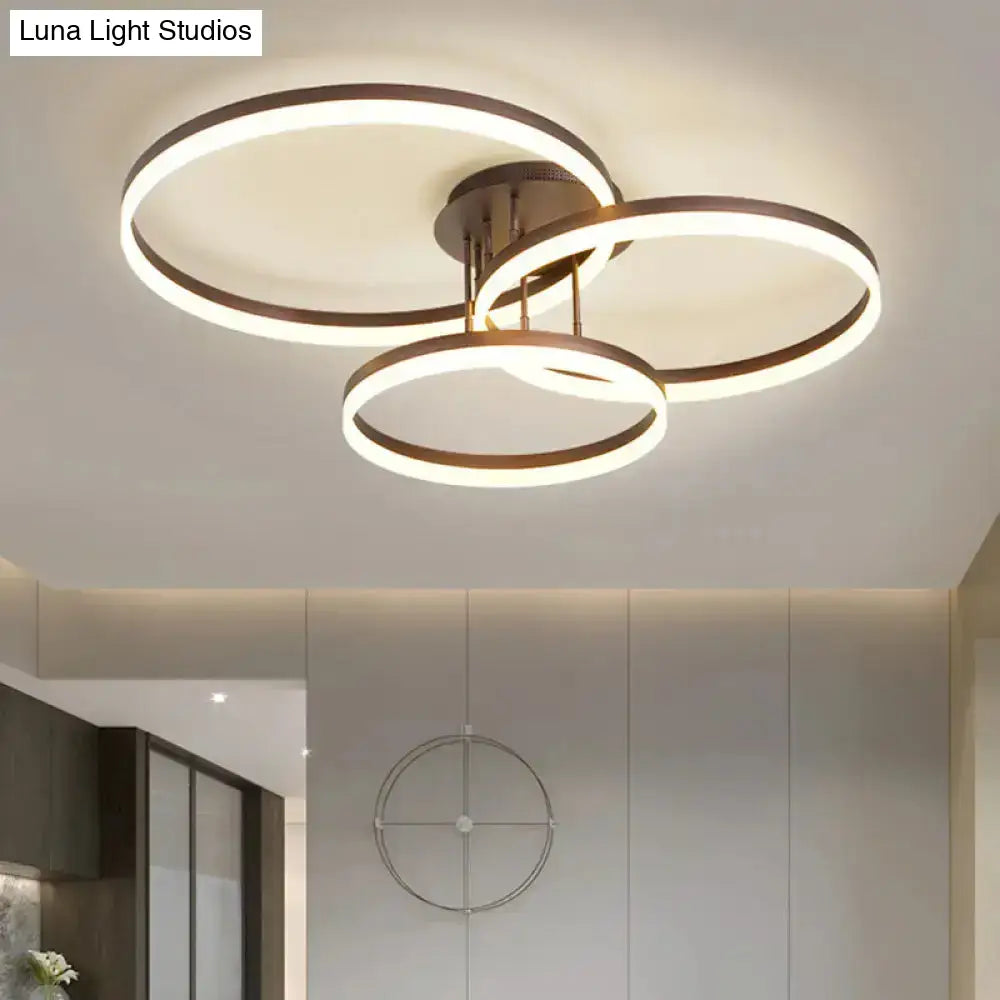 Sleek Spiral Design Coffee Hoop Ceiling Light - 3-Light Acrylic Led Semi Flush Mount Lamp In