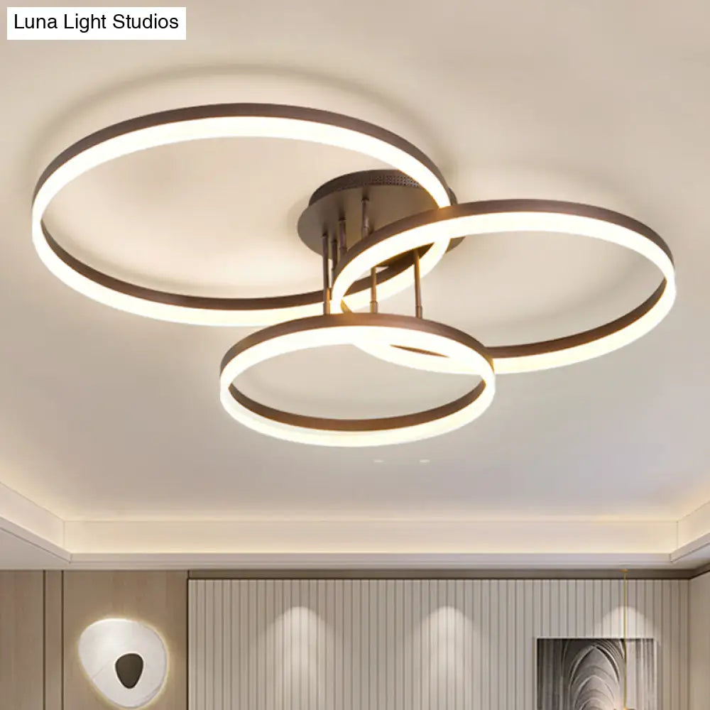 Sleek Spiral Design Coffee Hoop Ceiling Light - 3-Light Acrylic Led Semi Flush Mount Lamp In