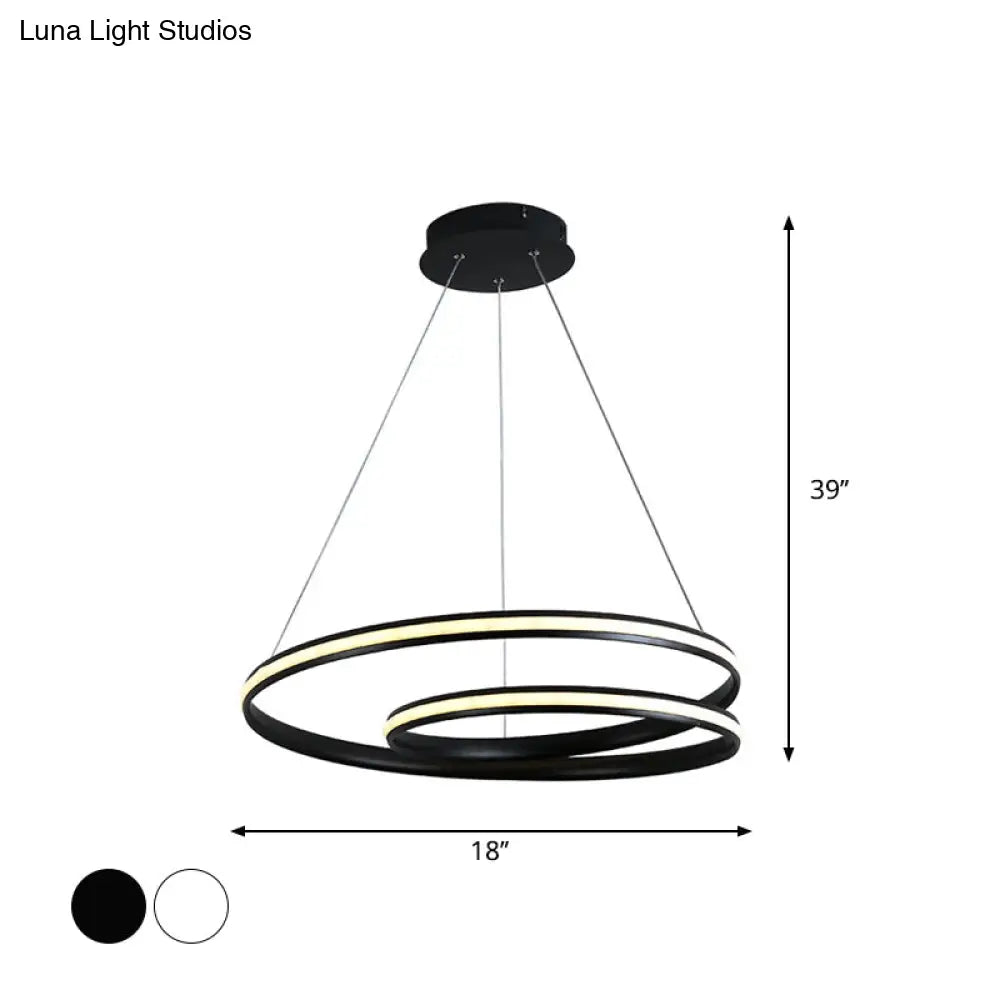 Sleek Spiral Line Chandelier: Black/White 18’/23.5’ Wide Led Pendant Lamp In Warm/White Light