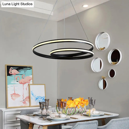 Sleek Spiral Line Chandelier: Black/White 18’/23.5’ Wide Led Pendant Lamp In Warm/White Light